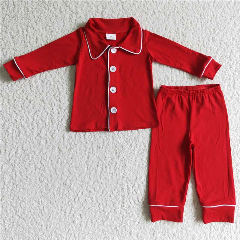 NEW RTS NO MOQ cotton BLP0036 Boys Christmas Solid Red Lace Button Long-Sleeved Pants Set
