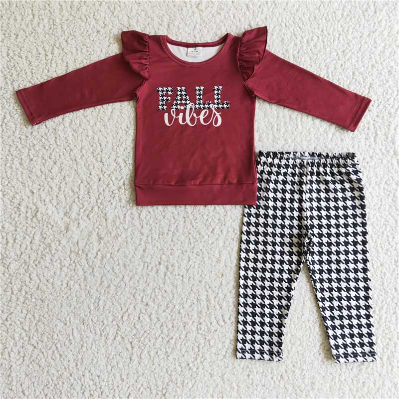 RTS NO MOQ GLD0109 GLP0256 Girls FALL red long-sleeved houndstooth trouser suit