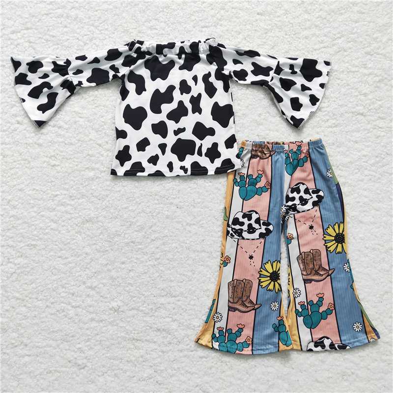 SALES NEW Baby Girls Cow Print Outfit Set with Top Hat Pattern Bell Pants Clothing Ensemble for Infant