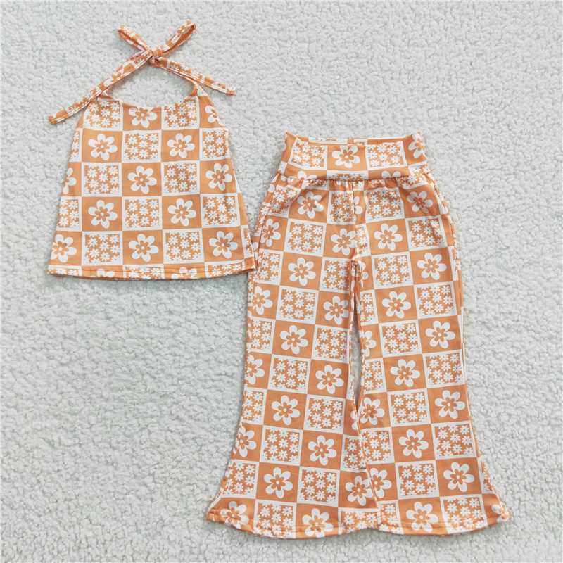 RTS NO MOQGSPO0579 Girls orange floral halter neck colorful striped trouser suit
