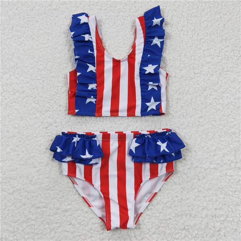 S0090 Girls National Day Star Stripe Lace Swimsuit Set