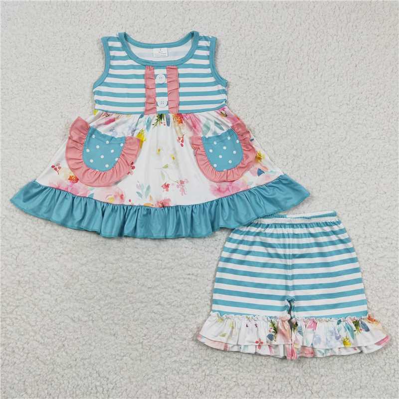 SALES NEW Sibling Baby Girls Sleeveless Bows Lemons Pockets Button Tunic Ruffle Shorts Set