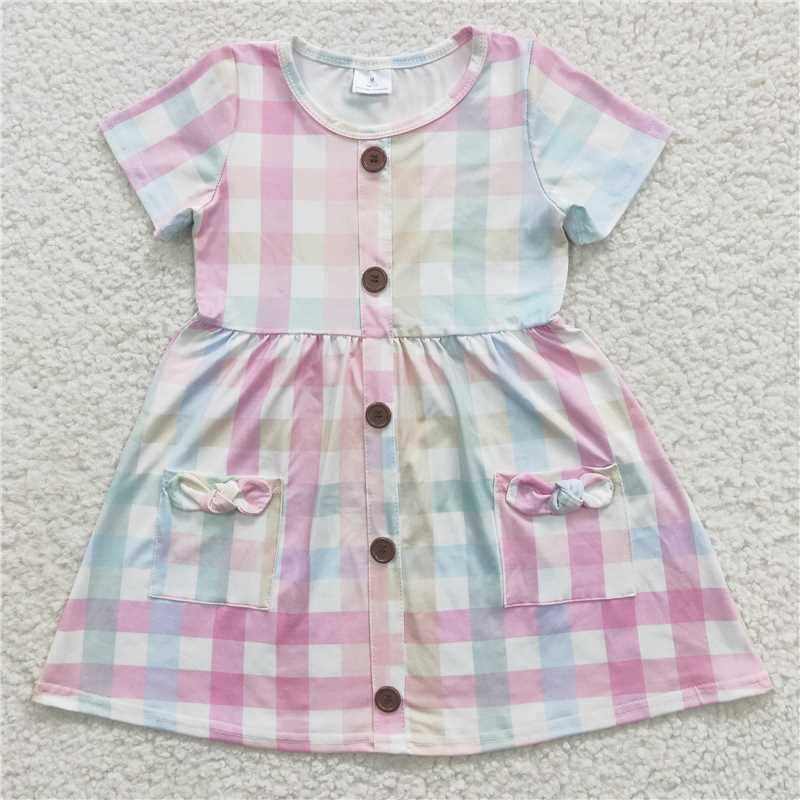 SALES NEW Baby Girls Pink Plaid Knee-Length Dress with Short Sleeves And Pocket for Spring/Summer