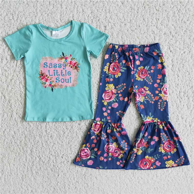SALES NEW Girl's Green Short-Sleeve Top with Blue Floral Flared Pants Set Casual Comfortable Kids Outfit for Spring/Autumn
