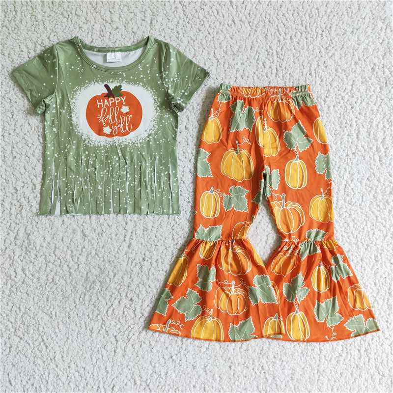 SALES NEW Baby Green Fringed Top Pumpkin Bell Bottom Pants Set Cute Outfit for Infants Baby Girl Boy Clothing Set
