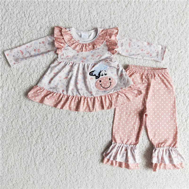 6 A26-30 Embroidered cow head pink long-sleeved top polka-dot trousers