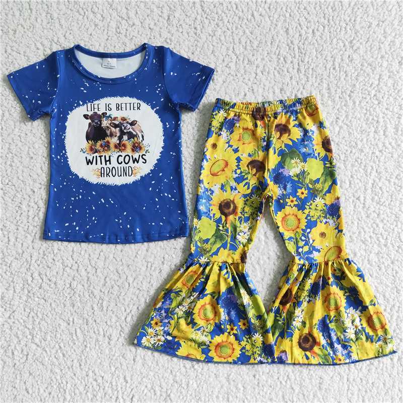 SALES NEW Baby Girls Cow Western Sunflower Bell Pants Short Sleeve Outfit Sets Comfortable Cotton Clothing for Little Ones