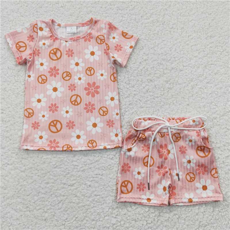 RTS summer pajamas GSSO0229 Girls Smiley Rainbow White Short Sleeve Shorts Set rib fabric