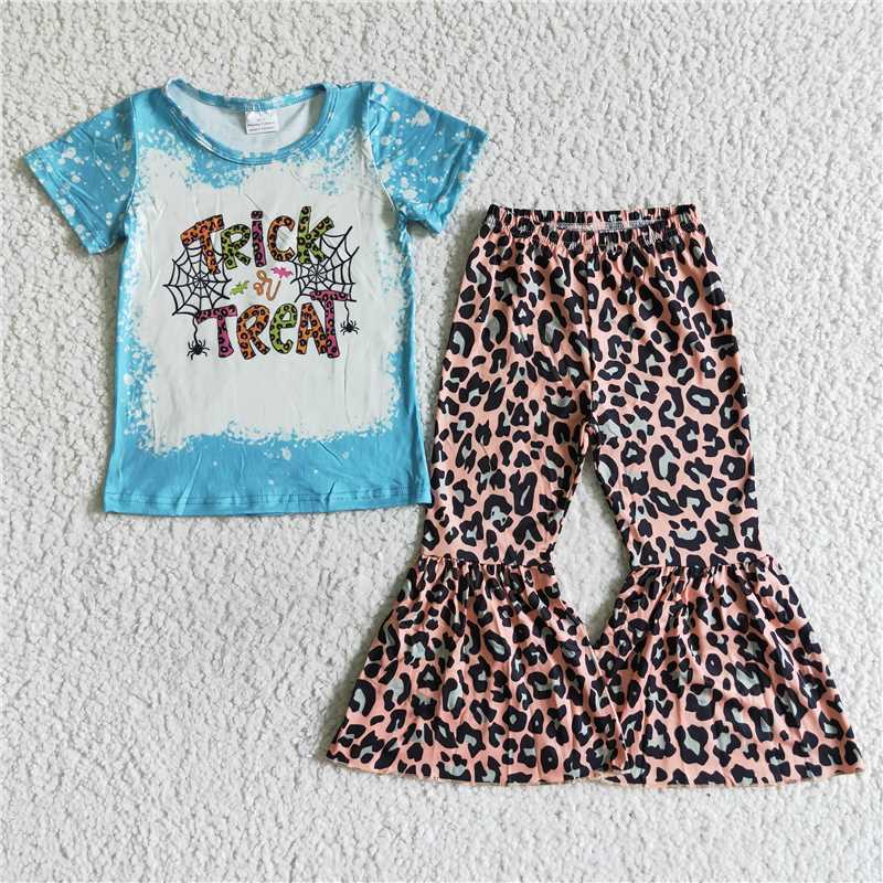 SALES NEW Baby Girls Blue Short Sleeve Top And Leopard Bell Bottom Pants Set Cute Outfit for Infants Baby Girl's Clothing Set