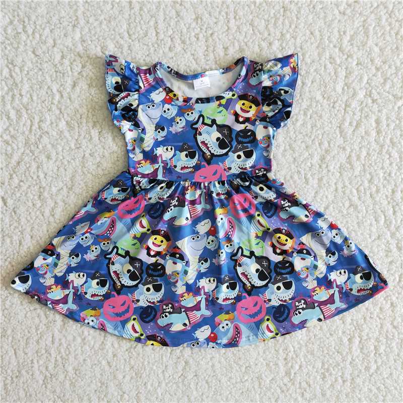 Cute Clothes B14-12 Baby girls Blue summer flutter sleeve knee-length dress