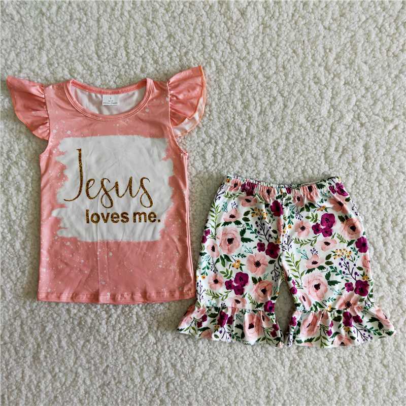 SALES NEW Pink puffy sleeves flower pattern Shorts sets