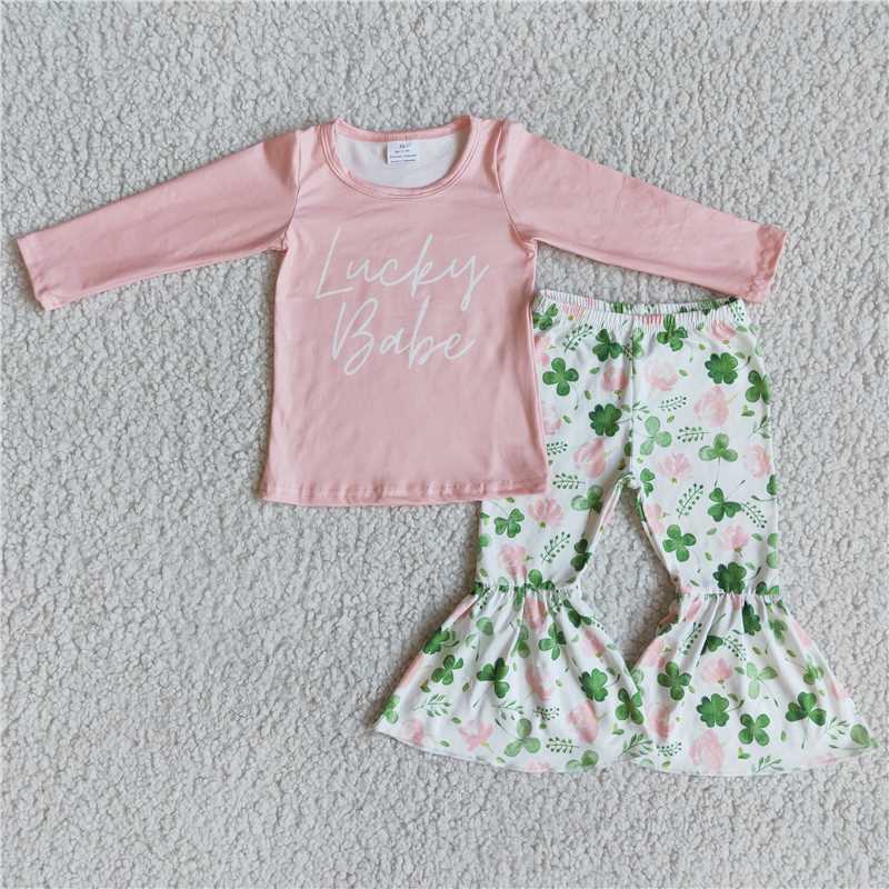 SALES NEW Patrick Day Lucky Babe Bell Bottom Pants Sets for kids Comfortable Fit High Waist Trousers And Tops Outfit Sett for Girls