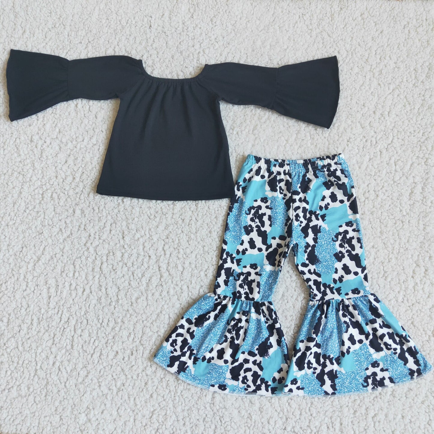 SALES NEW Kids Black Off-Shoulder Top And Cow Bell Bottom Pants Set Cute And Fashionable Outfit for Girls