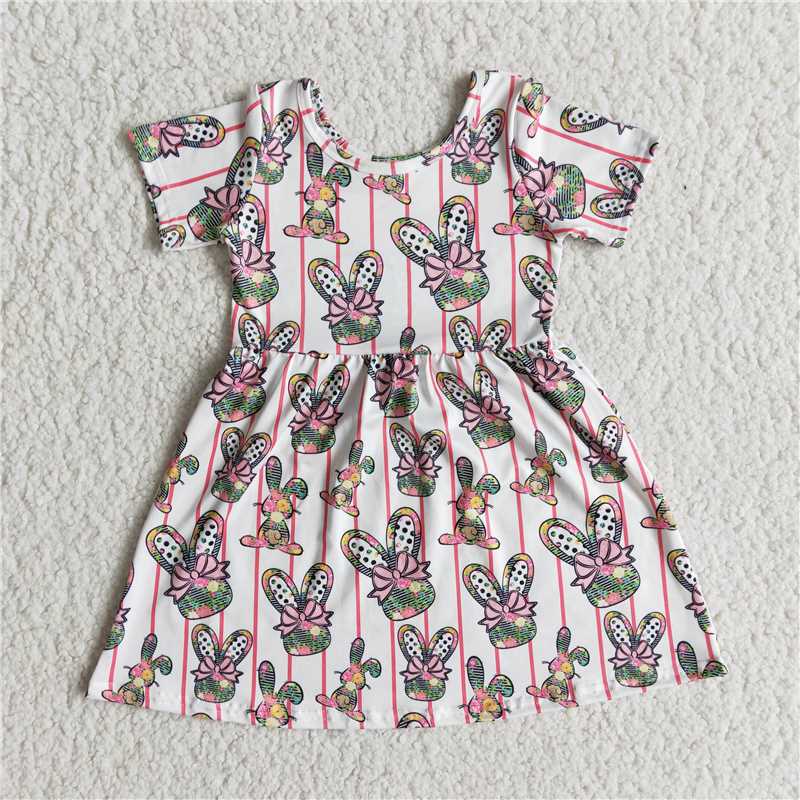 SALES NEW Baby Girls Easter Bunny Stripes Short Sleeve Knee-Length Dresses Cute Spring Summer Outfit for Kids