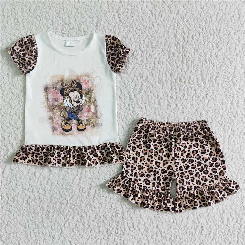 Cute Clothes GSSO0079 Girls Leopard Print Short Sleeve Shorts Set
