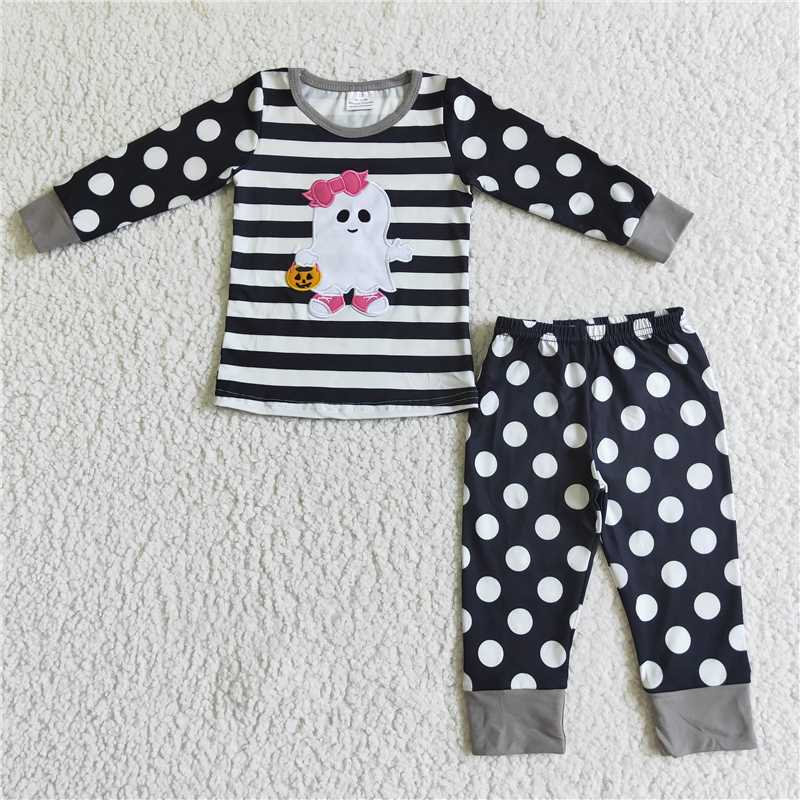 RTS NO MOQ Embroidered ghost holding a pumpkin black and white striped boys and girls long suit