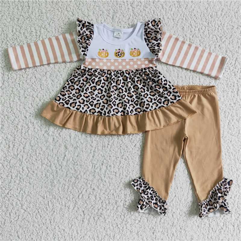 RTS NO MOQ GLP0156 LR0105 GLP0184 Embroidered Pumpkin Pattern Fly Sleeve Long Sleeve Set & Long Romper