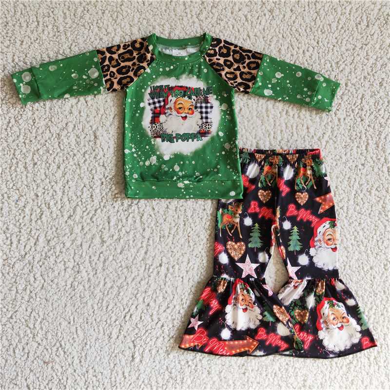 RTS NO MOQ GLP0163 GLP0321 Green long-sleeved suit with embroidered Santa Claus: Girls & Boys