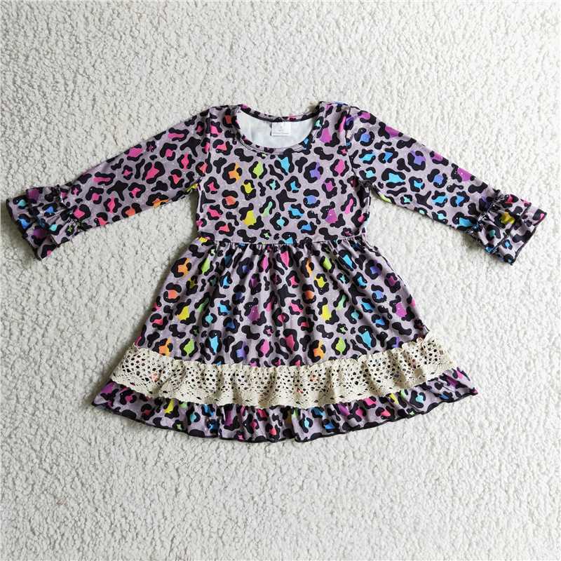 SALES NEW Colorful Leopard Print Knee-Length Dress for Baby Girls Cute Patterned Clothing for Little Girls