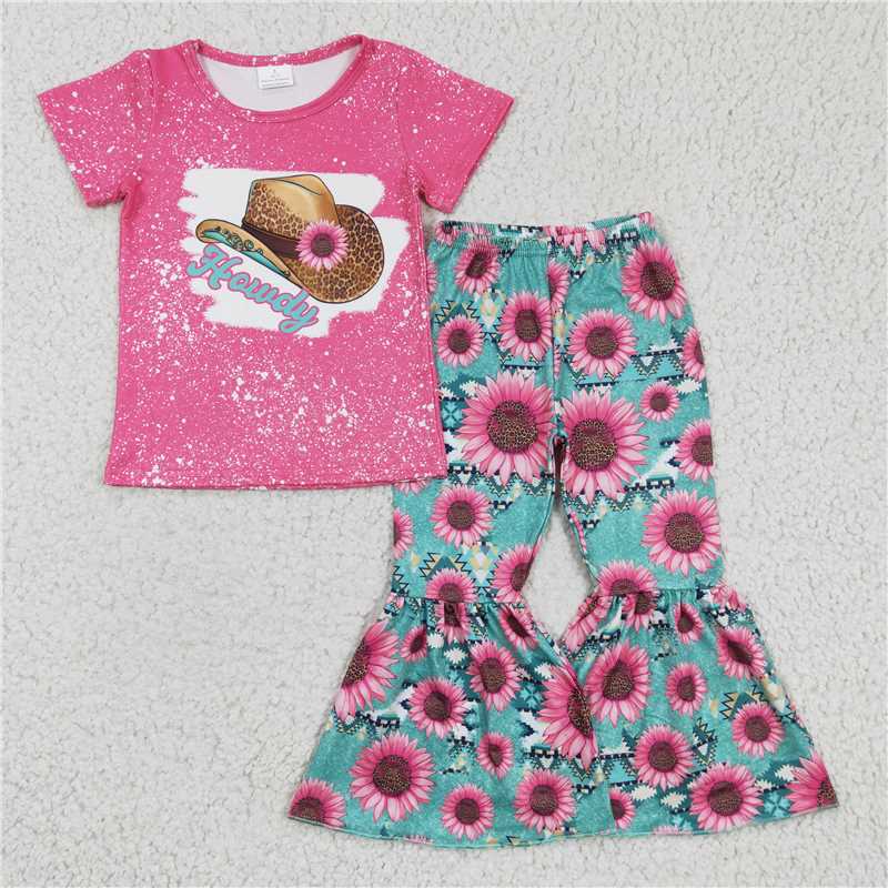 SALES NEW Baby Girls Rose Pink Short Sleeve Bell Pants Outfit Set for Infants