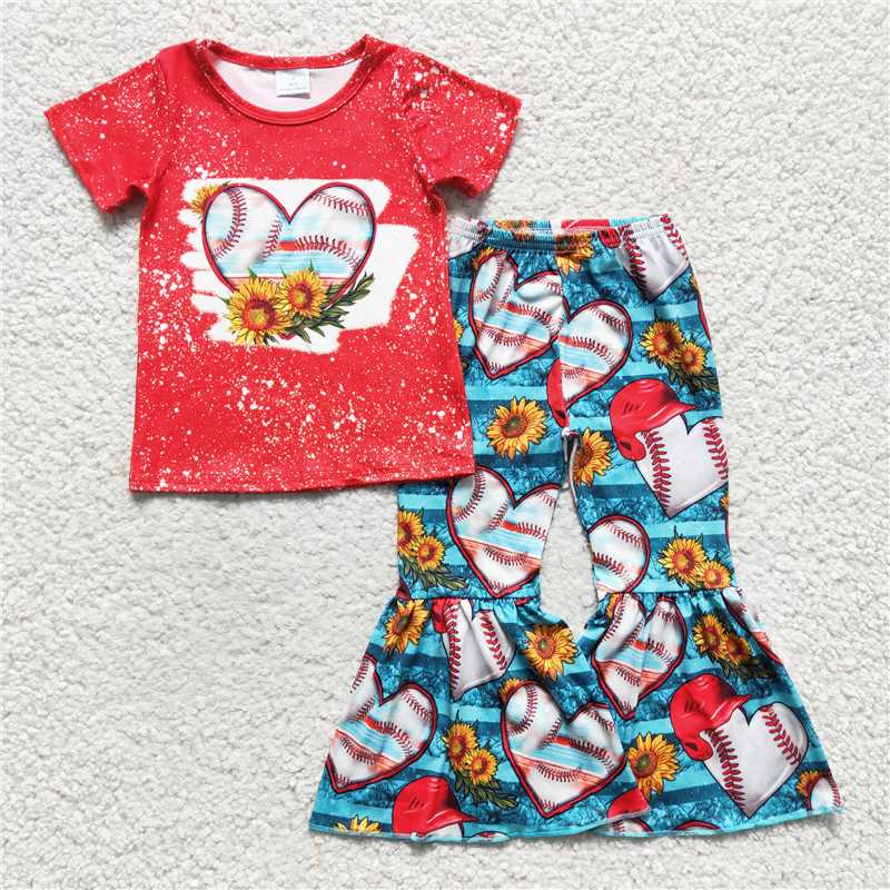 SALES NEW Baby Girls Red Short Sleeve Heart Baseball Bell Pants Clothes Set Infant Outfit Two-Piece Set