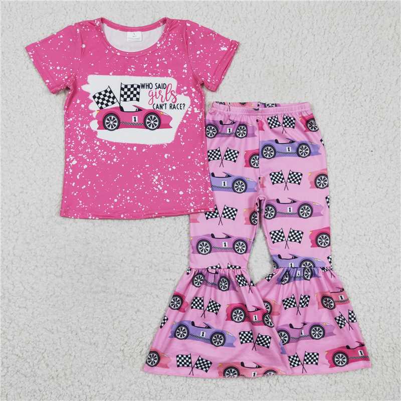 SALES NEW Baby Girls Pink Racing Car Short Sleeve Bell Pants Set Cute Outfit for Infants