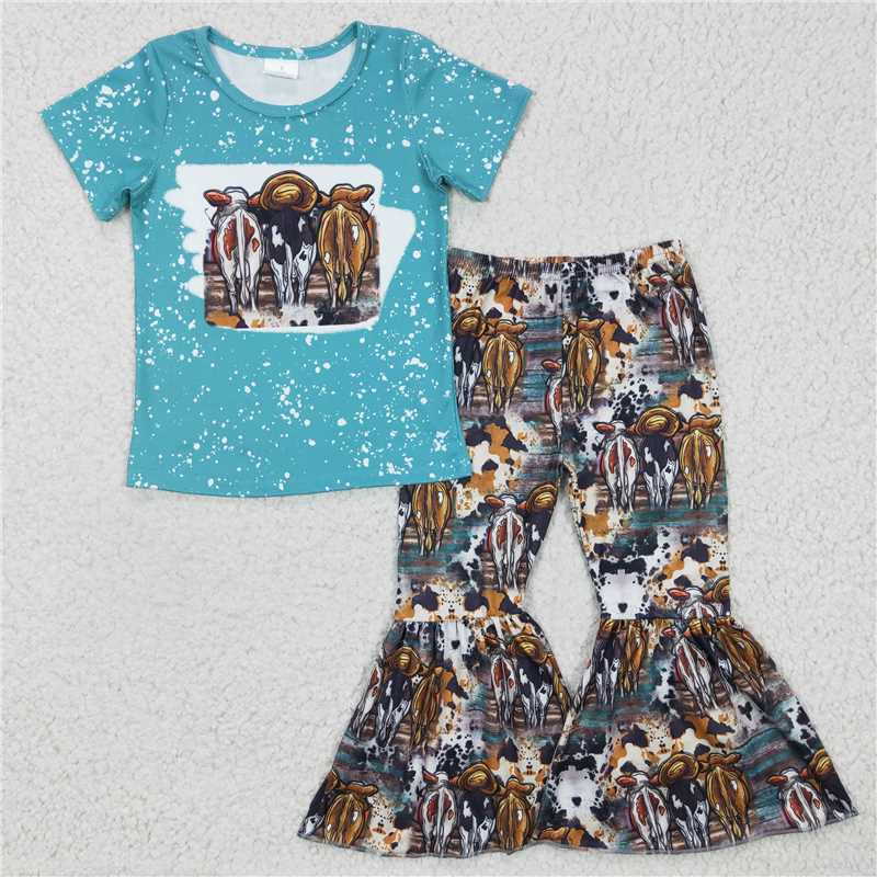 SALES NEW Baby Girls Blue Short Sleeve Western Cow Bell Bottom Pants Outfit Set Cute Baby Clothing Ensemble for Infants