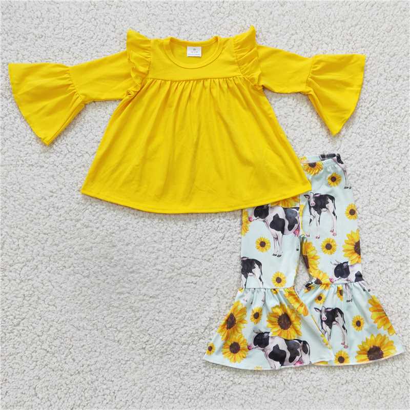 SALES NEW Baby Girls Yellow Sunflower Cow Pants Outfit Set Cute Floral Print Cotton Clothes for Infants