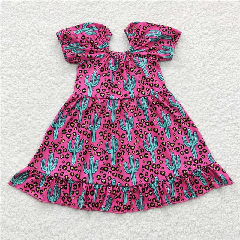 SALES NEW Baby Girls Western Cactus Print Pink Knee-Length Dress Cute Country Style Baby Girl's Dress