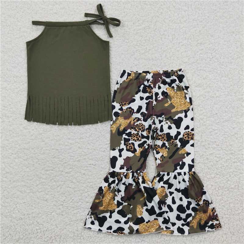 RTS NO MOQ cotton top Girls' dark green tassel halter neck cow pattern trousers suit
