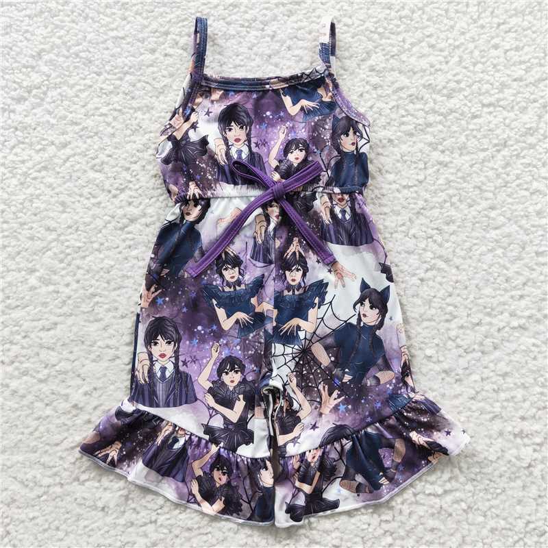 RTS NO MOQ SR0362 GSSO0296 Preppy style anime catwoman pattern purple short-sleeved shorts set & overalls