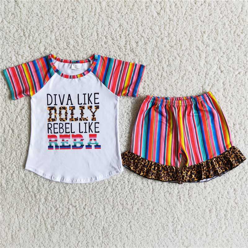 SALES NEW Letter colorful stripe leopard ruffles Shorts suit
