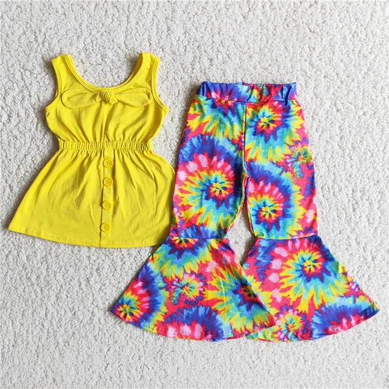 SALES NEW Baby Girl Yellow Bow Strappy Top And Colorful Pattern Bell Pants Set Cute Infant Outfit for Girls