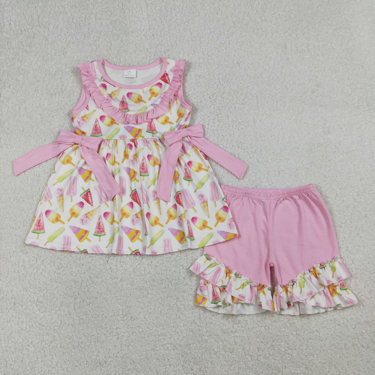 RTS NO MOQ(In Stock) GSSO3067 Ice Cream Stick Pink Lace Bow White Sleeveless Shorts Set
