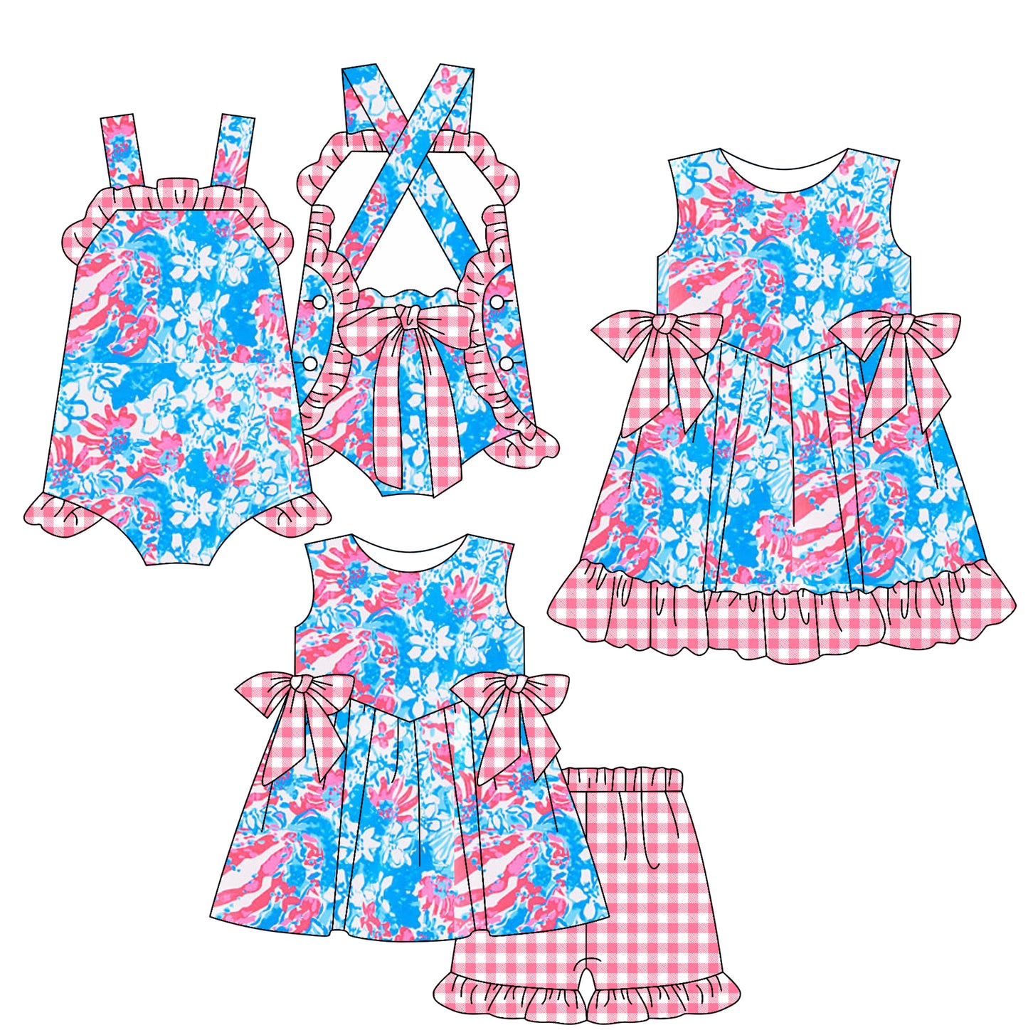 2.17 custom each style moq 5eta 4-6week Sibling Sisters baby girl short sleeve shorts sets and dress and rompers match family design