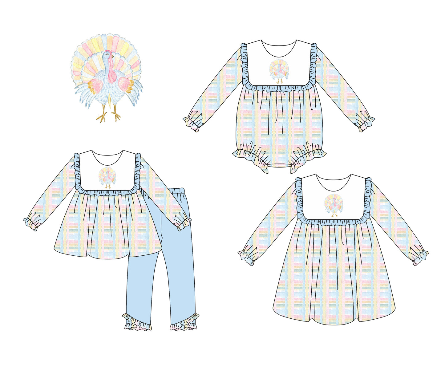 25.6.5 custom each style moq 5eta 4-6week Sibling Sisters turkey baby girl long sleeve pants sets and dress and rompers match family design