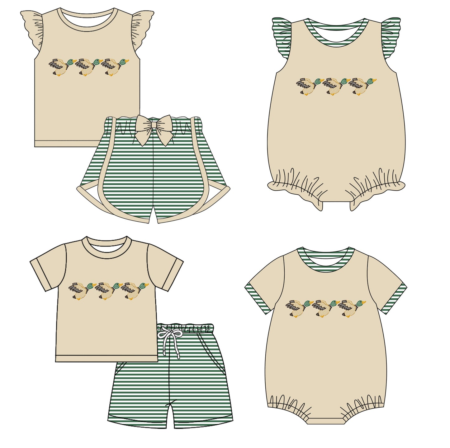 11.29 custom each style moq 5eta 4-6week Sibling Sister duck baby girl short sleeve shorts sets and sets 2 and girls romper and boy romper match design