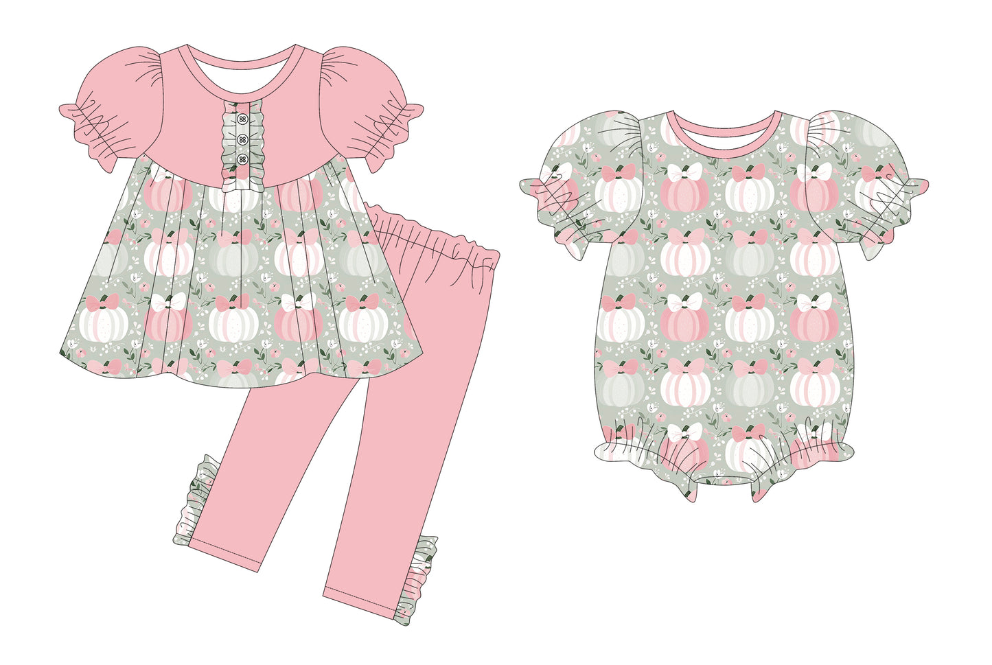 25.5.21 custom each style moq 5eta 4-6week Sibling Sister pumpkin floral bow baby girl short sleeve pants sets and sets 2 and rompers match family design
