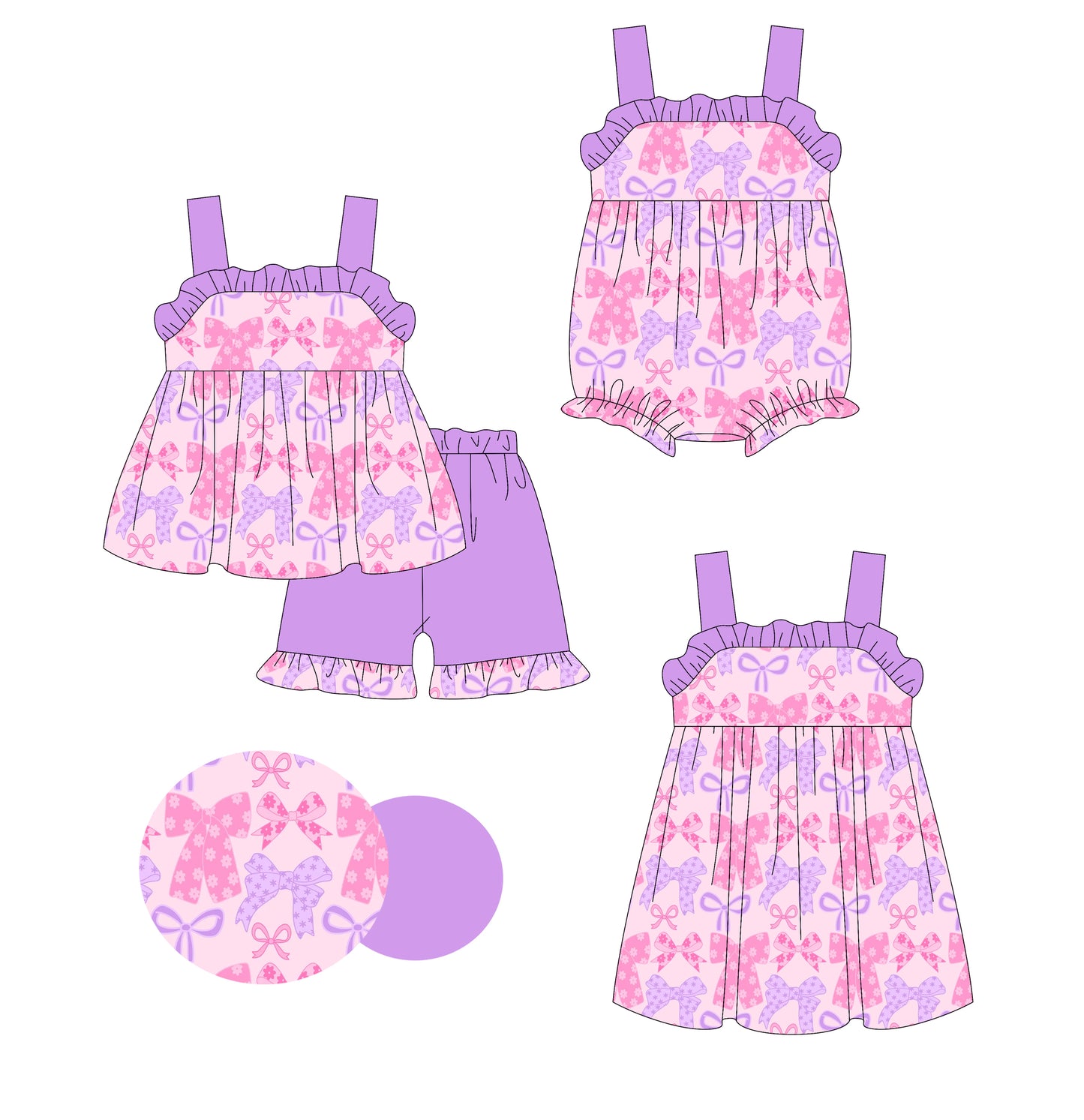 2.28 custom each style moq 5eta 4-6week Sibling Sister bow baby girl short sleeve shorts sets and dress and rompers match family design