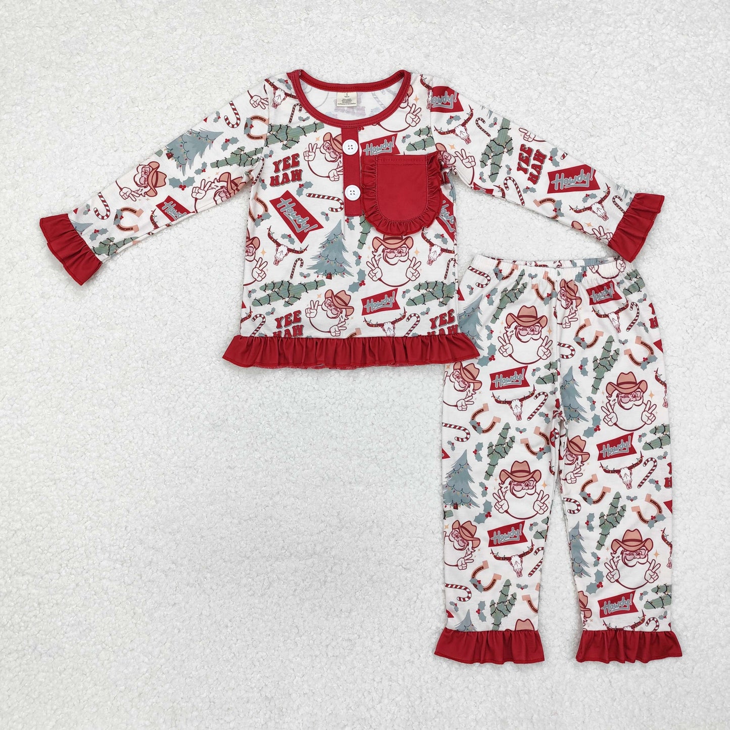 RTS NO MOQ(In Stock) GLP1414 Modal Santa Claus cactus bull head lace pocket beige long-sleeved trousers pajamas set