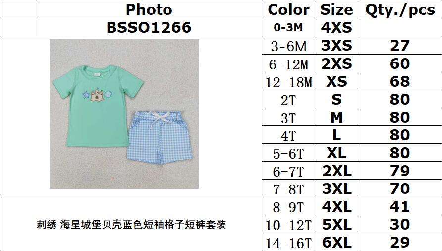 RTS NO MOQ ETA 5/7days Arrived BSSO1266 Embroidered starfish Dream shell blue short-sleeved plaid shorts set