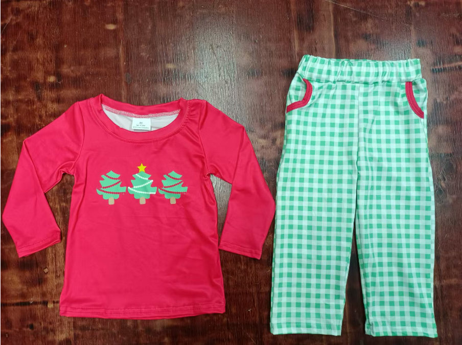 Custom moq 3 eta 6-7weeks Christmas Tree Printed Red Long Sleeve Top-Green Plaid Straight Pants Set