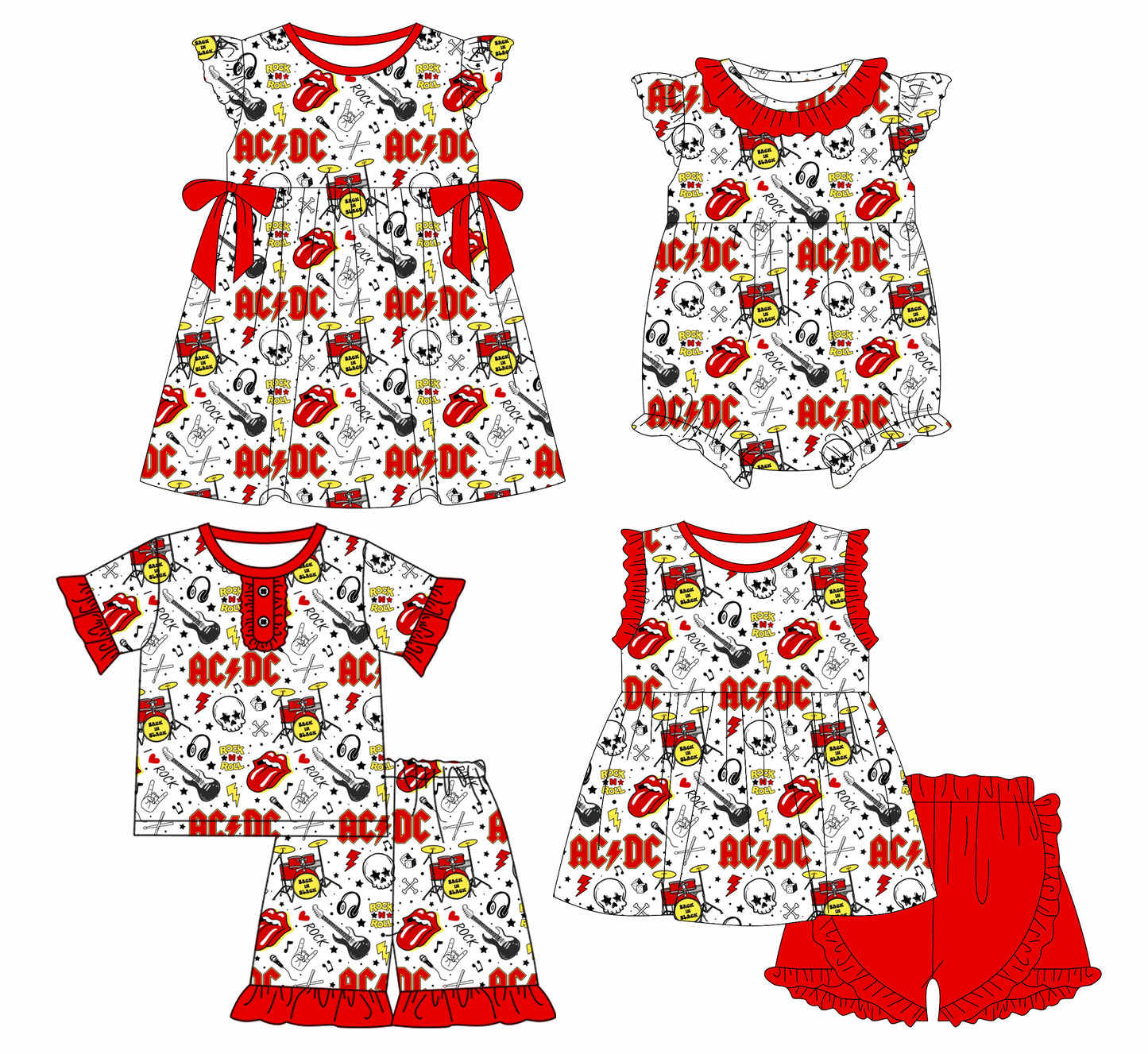 1.13 custom each style moq 5eta 4-6week Sibling Sister AC DC Baby girl short sleeve shorts sets and sets 2 and girls romper and boy romper and dress match design