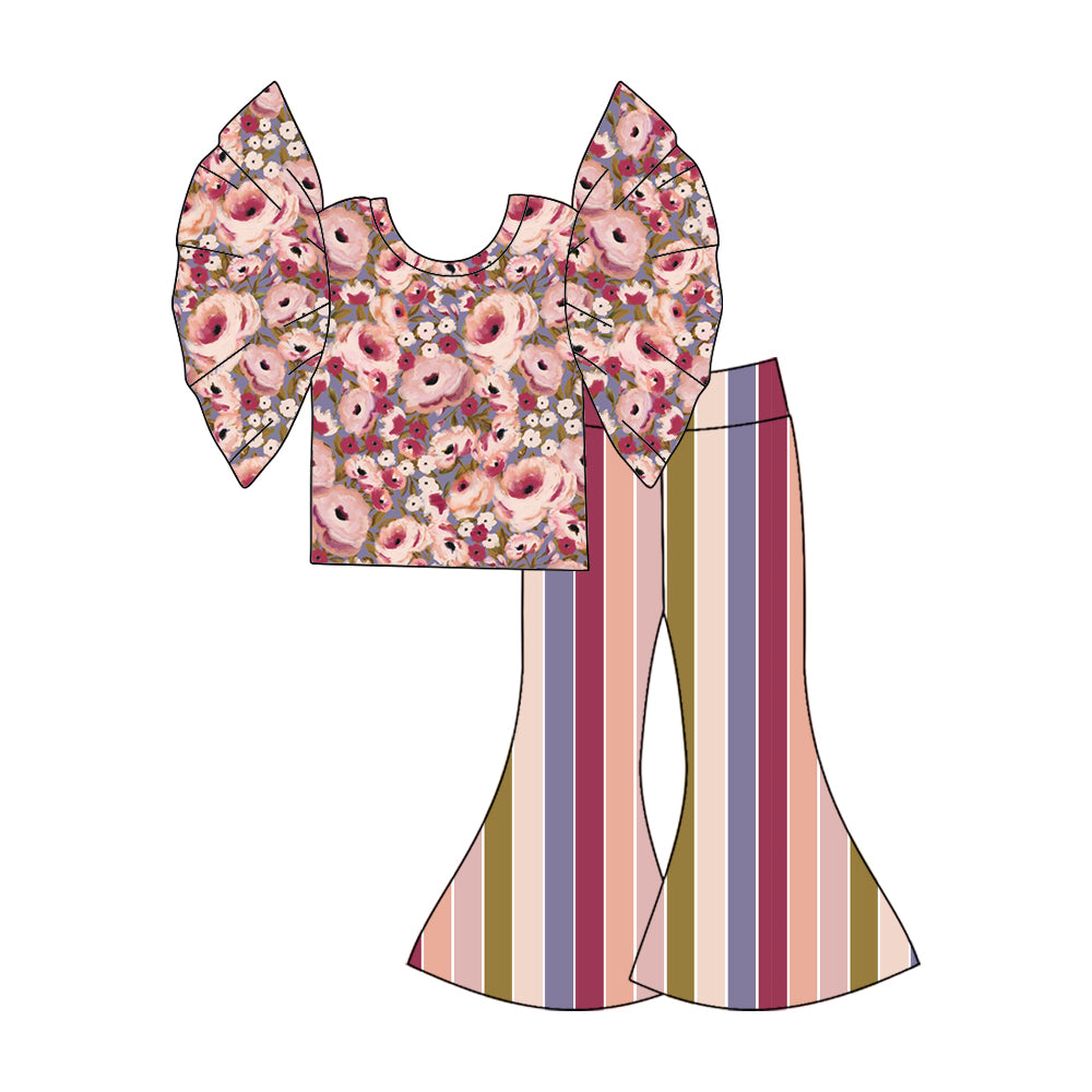 10.17 custom each style moq 5eta 4-6week baby girls clothes floral colorful striped short sleeve pants sets