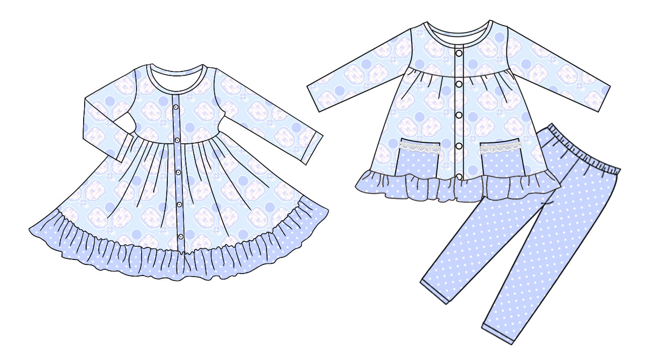 25.8.20 custom each style moq 5eta 4-6week Sibling Sisters blue baby girl long sleeve pants sets and dress match family design