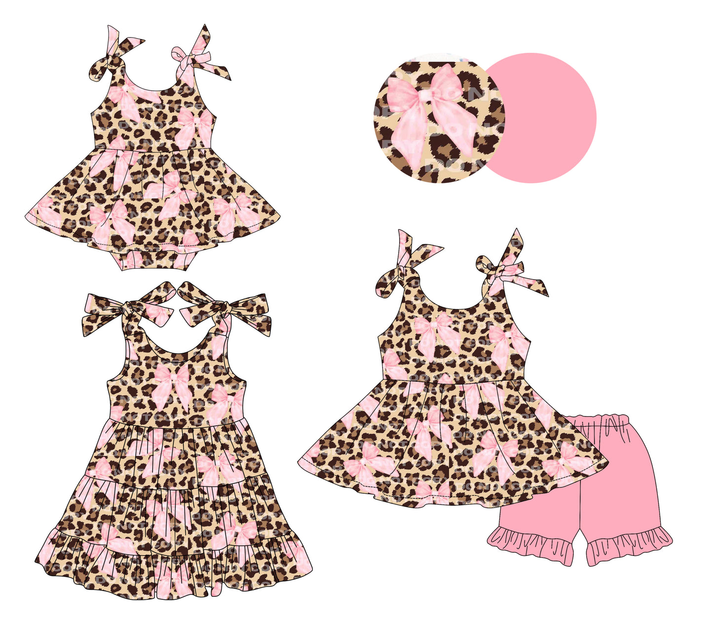 3.14 custom each style moq 5eta 4-6week Sibling Sisters bow leopard baby girl short sleeve shorts sets and dress and rompers match family design