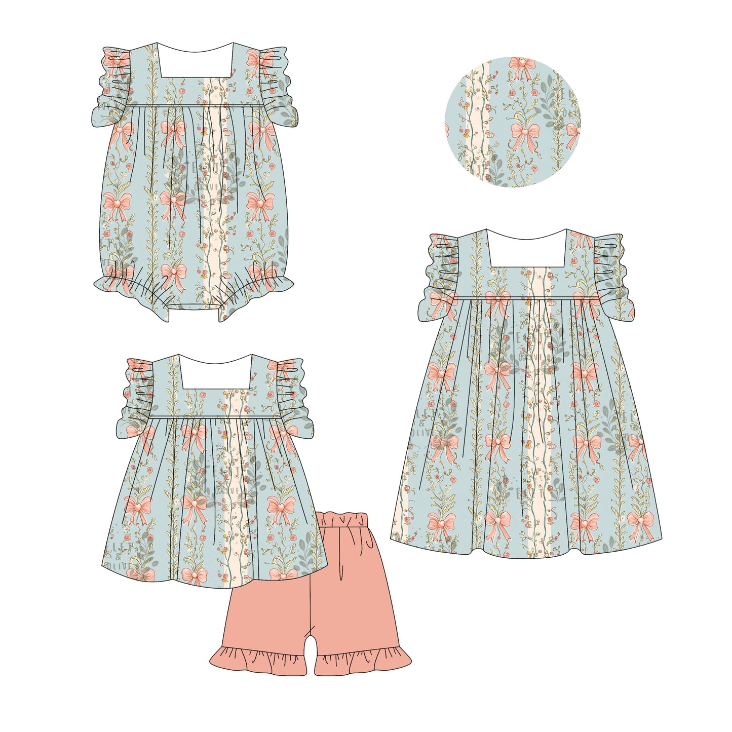 2.28 custom each style moq 5eta 4-6week Sibling Sister floral bow baby girl short sleeve shorts sets and dress and rompers match family design