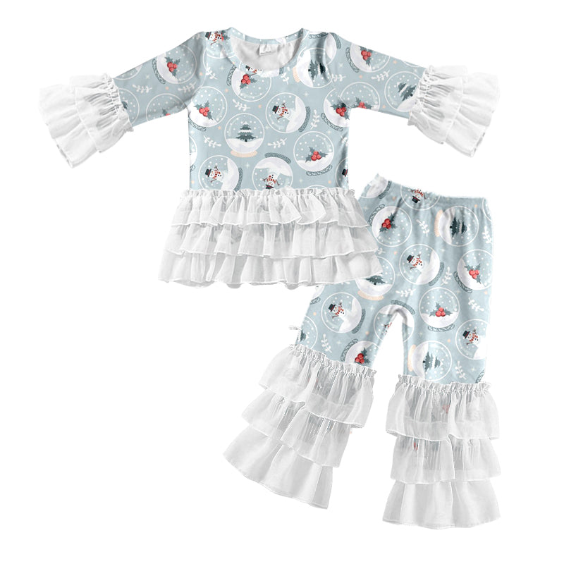 8.3 custom each style moq 5eta 4-6week baby girls clothes Christmas snowman blue long sleeve pants sets