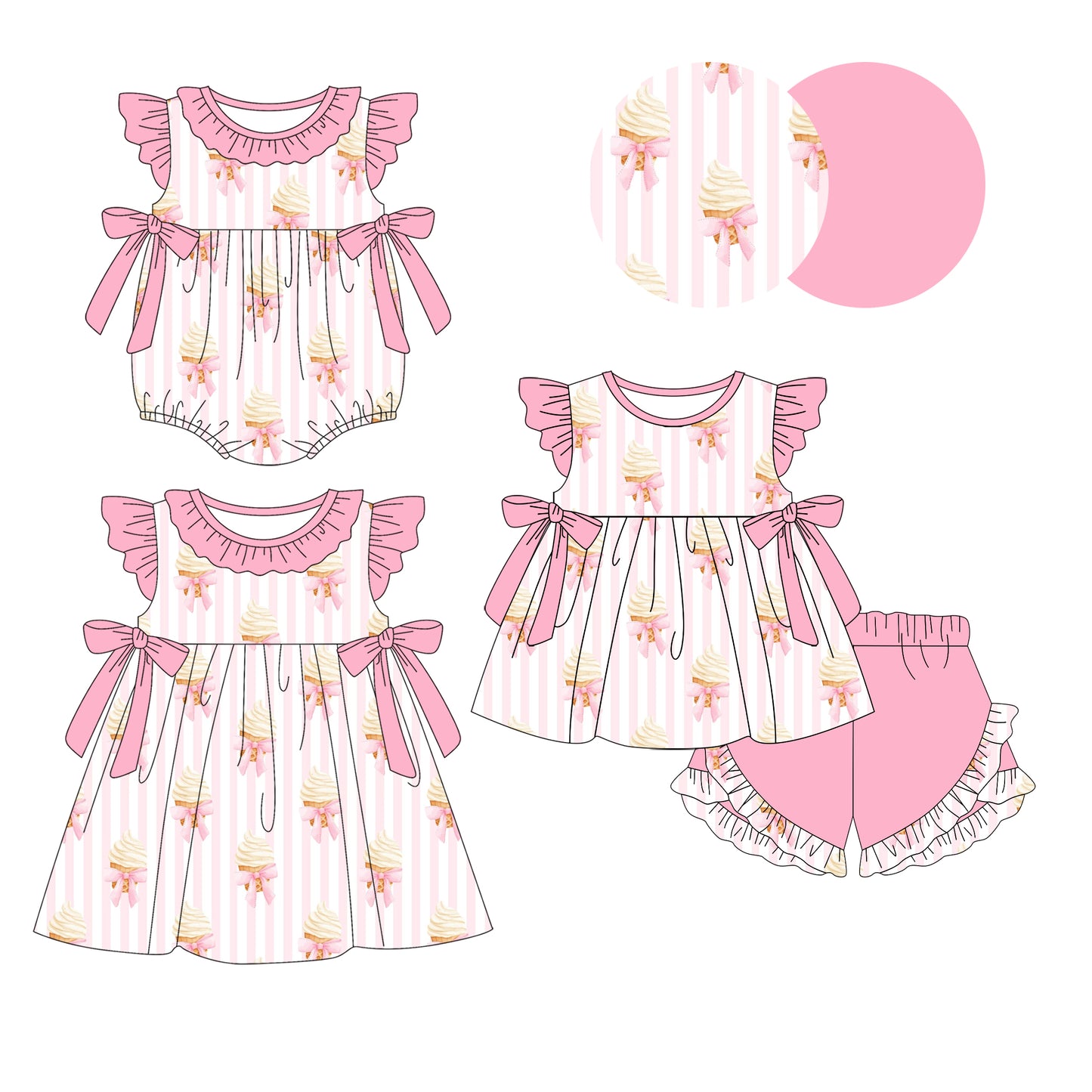 1.9 custom each style moq 5eta 4-6week Sibling Sister ice cream baby girl short sleeve shorts sets and dress and rompers match family design