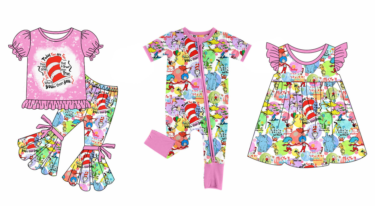 11.28 custom each style moq 5eta 4-6week Sibling Sister dr seuss baby girl sets and dress and rompers match family design